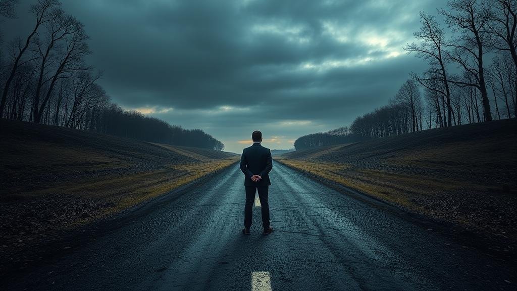 President Zelenskyy standing alone and isolated at a critical crossroads, with one path leading to a reformed, transparent government and the other to a state plagued by corruption, as international partners watch closely.