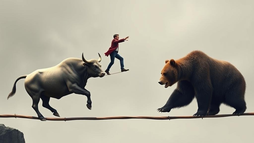 A tightrope walker navigating a high wire between a bull and a bear, symbolizing the Federal Reserve's precarious balancing act between a booming and a declining economy.