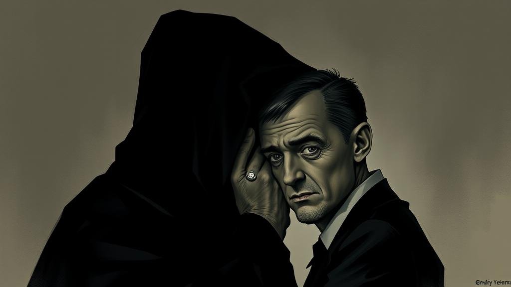 A powerful, shadowy figure representing Andriy Yermak, whispering into the ear of a concerned President Zelenskyy, symbolizing his role as a powerful gatekeeper and confidant.