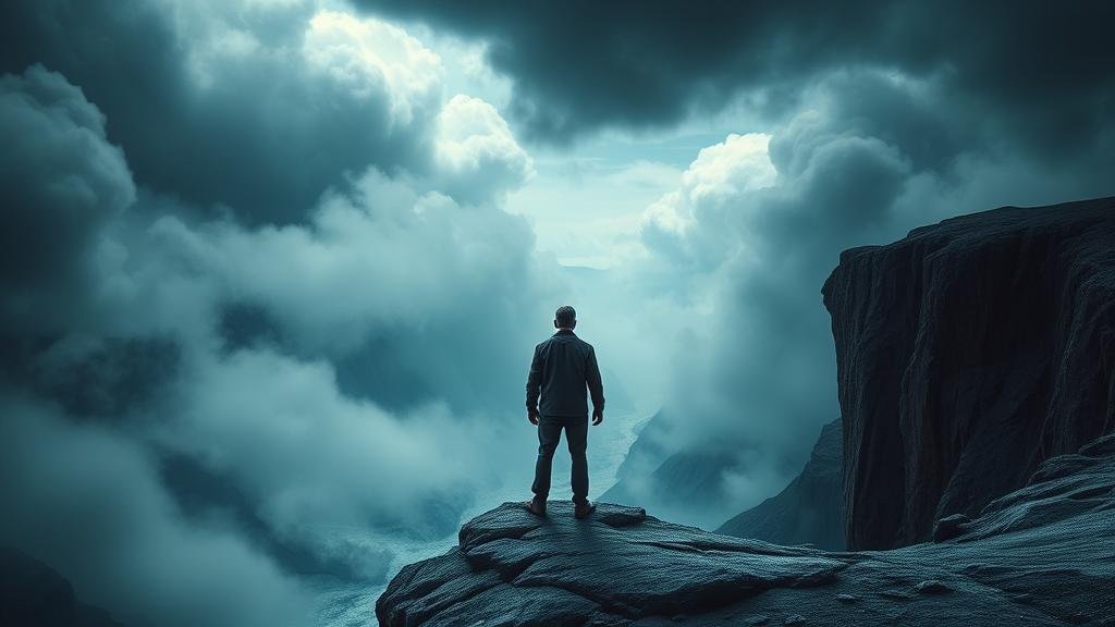 A lone leader stands at a precipice, looking out at a stormy and uncertain future, symbolizing the immense domestic and international challenges ahead and the perilous road the nation must navigate.