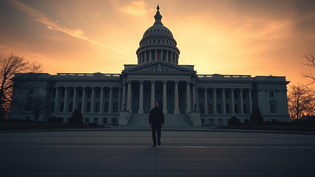 A dramatic, cinematic shot of a lone figure walking away from a grand, imposing government building at dusk, symbolizing a significant departure and a power vacuum.