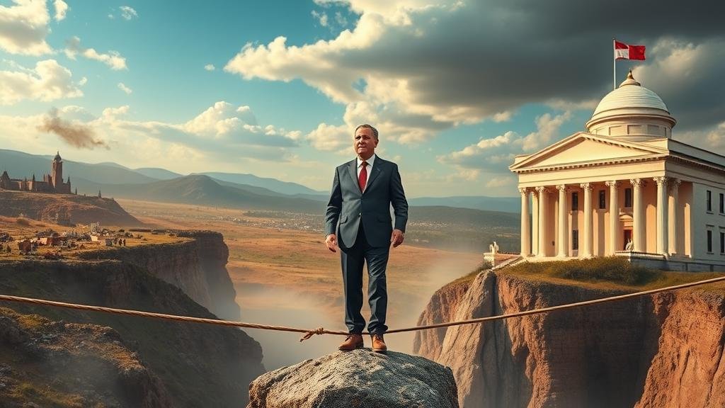 A powerful image of a national leader standing on a tightrope stretched between a war-torn landscape and a courthouse, representing a precarious balancing act.