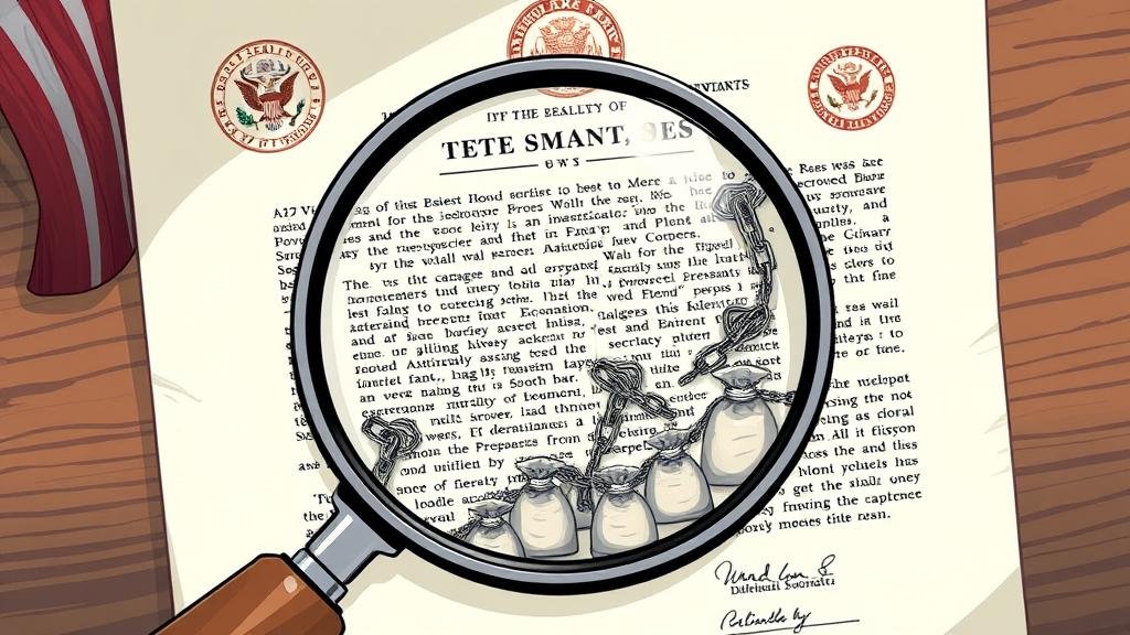 An illustrative image of a magnifying glass held over an official-looking document, revealing hidden corruption.