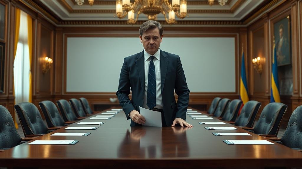 An image of President Zelensky standing alone at a large table, looking stressed, to illustrate the immense political and diplomatic challenges he now faces without his key advisor.