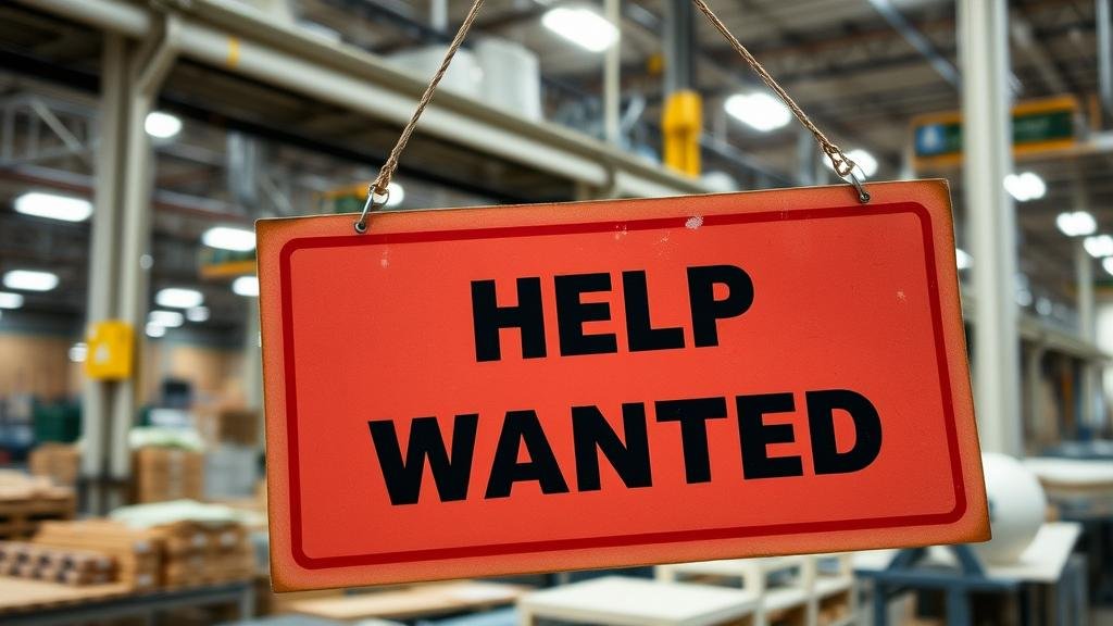 A factory with a 'Help Wanted' sign being taken down, representing the cooling US labor market and the tapering off of job creation.