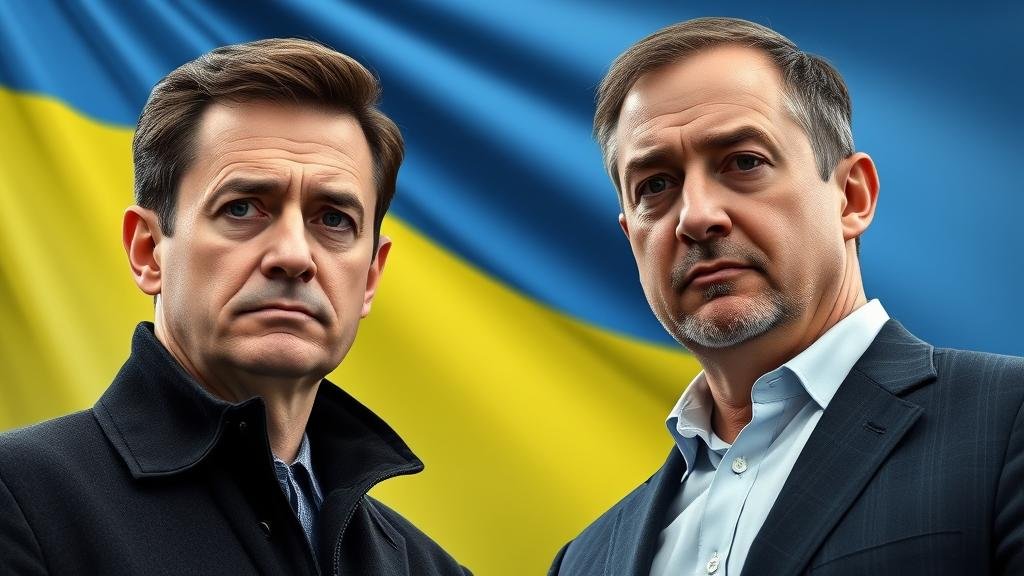 A portrait of a concerned President Zelensky and a departing Andriy Yermak, with the Ukrainian flag in the background, symbolizing a nation in crisis.