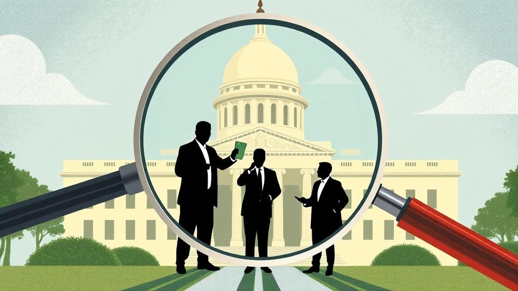An illustrative image of a magnifying glass over a government building, with shadowy figures exchanging money, representing the corruption investigation at the heart of the administration.