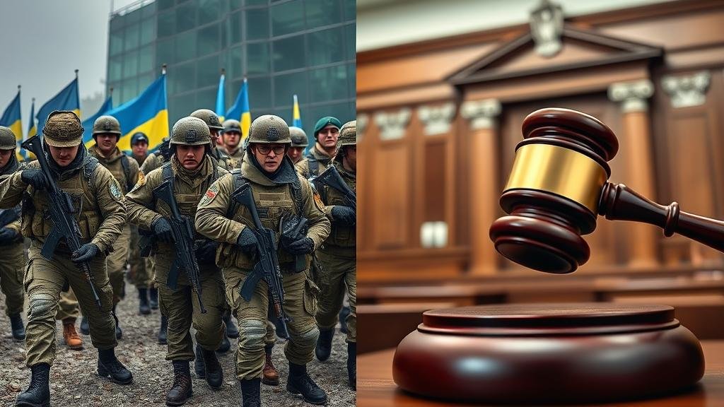 A split image: on one side, Ukrainian soldiers on the battlefield, and on the other, a courtroom with a gavel striking down, symbolizing Ukraine's simultaneous fight against Russia and internal corruption.