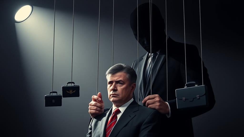 A powerful, symbolic image of a shadowy figure, representing Andriy Yermak, standing behind a worried President Zelensky. The figure is depicted as a master puppeteer, subtly manipulating strings that extend to various symbols of power, such as military icons and diplomatic briefcases. The lighting is dramatic, with a spotlight on Zelensky, while Yermak remains in the shadows, emphasizing his behind-the-scenes influence.