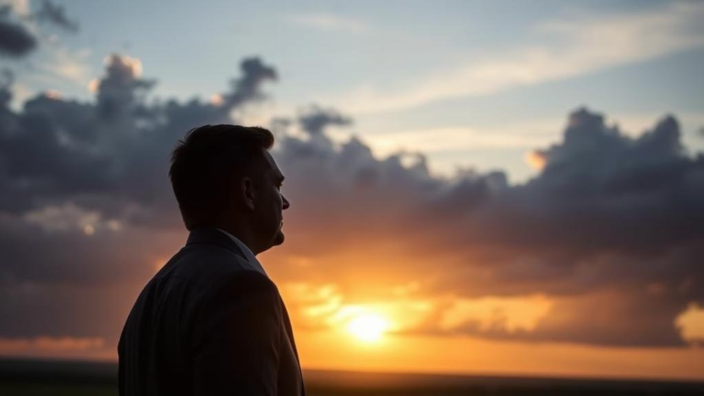 A hopeful and forward-looking image of a sunrise over the Ukrainian landscape. In the foreground, the silhouette of a determined President Zelensky is seen looking towards the horizon, symbolizing a new beginning and the resilience of the nation. The sky is clearing, but storm clouds still linger on the periphery, indicating the challenges that lie ahead.