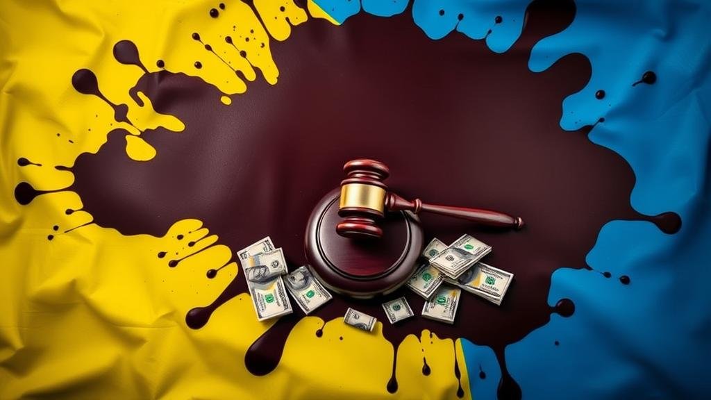 A visually striking, conceptual image of the Ukrainian flag with a large, dark stain spreading across it, symbolizing the corruption scandal. At the center of the stain, a gavel and scattered stacks of money are visible, representing the legal and financial turmoil. The overall tone is one of crisis and concern.