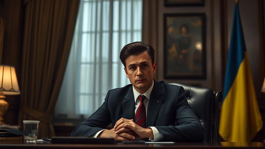 A dramatic, cinematic shot of a somber and resolute President Zelensky at his desk in a dimly lit office, with the Ukrainian flag in the background. The mood is tense and serious, reflecting the gravity of the political situation.