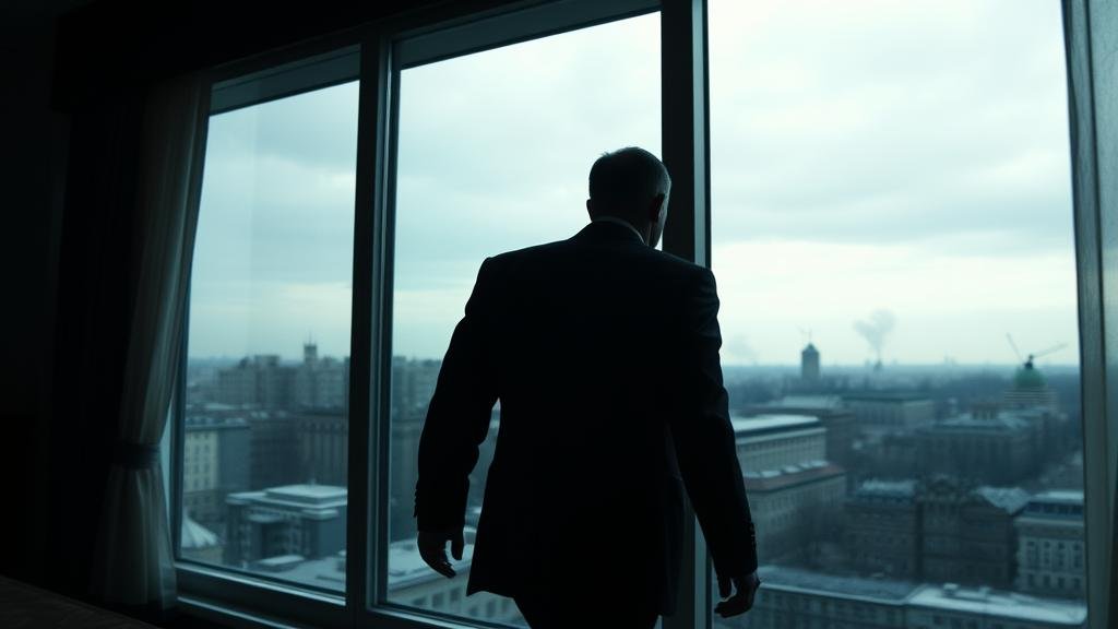A dramatic, wide-angle cinematic shot of a silhouetted figure walking away from a presidential office in Kyiv.