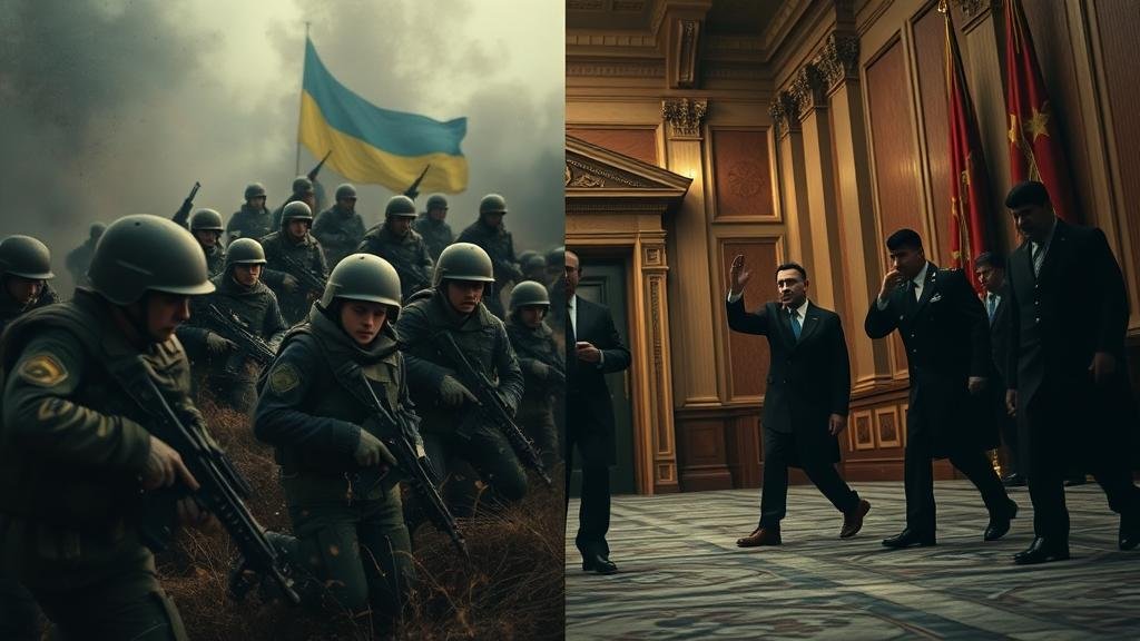 A split-screen composition showing Ukrainian soldiers on the battlefield on one side, and a government official battling shadowy figures representing corruption on the other side.