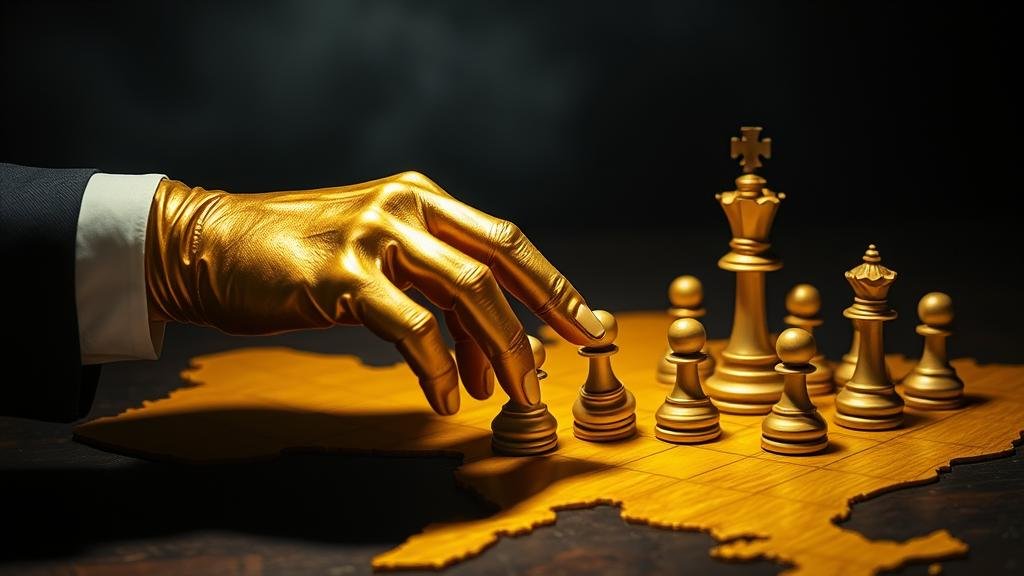 A symbolic image of a golden hand reminiscent of the Midas touch, corruptly manipulating chess pieces on a map of Ukraine.