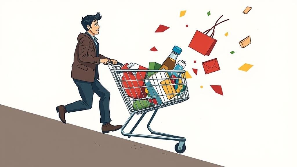 A consumer pushing a shopping cart uphill, with items falling out, illustrating the struggle of rising inflation and its impact on purchasing power.