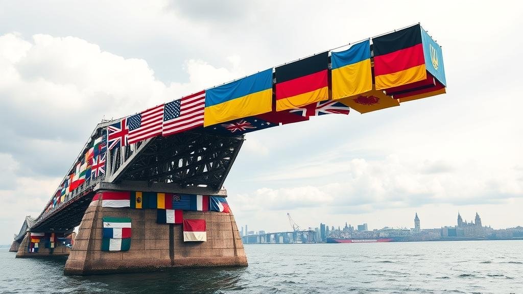 A powerful visual metaphor for the fragility of international support, showing a collapsing bridge made of national flags leading to Ukraine.