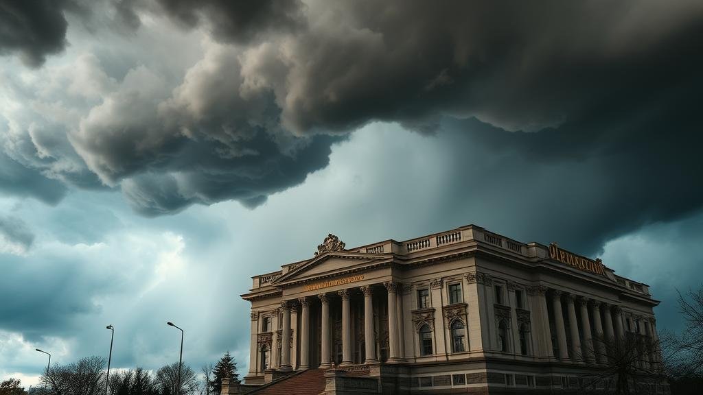 A dramatic image of the Ukrainian Presidential Office building in Kyiv, with a storm brewing overhead, symbolizing political turmoil.