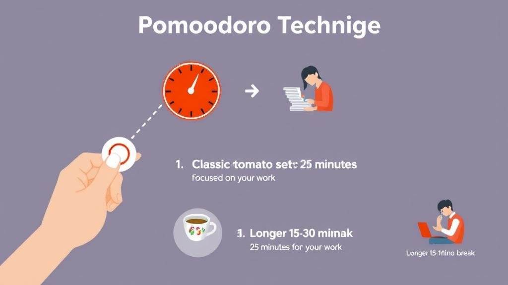 An infographic showing the steps of the Pomodoro Technique: select a task, set a 25-minute timer, work, take a short break, then take a long break.