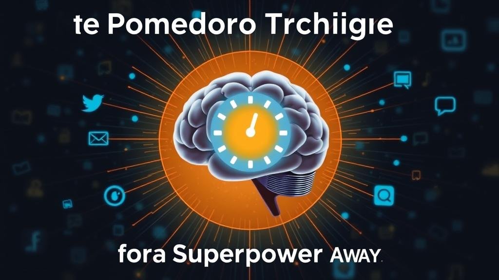 A brain with a glowing clock inside symbolizing focus, pushing away digital distractions.