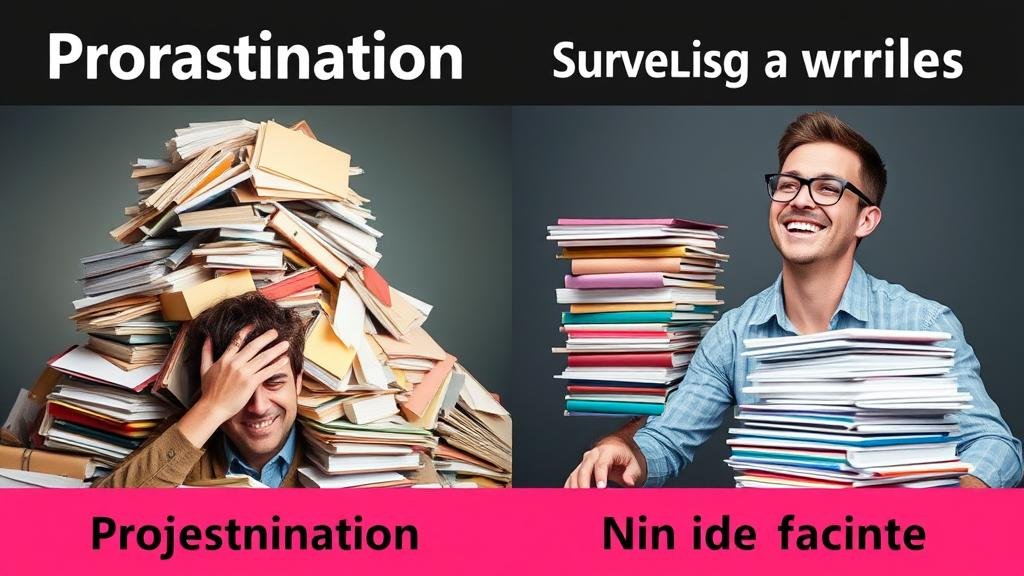 A split-screen image showing an overwhelmed person versus a focused and energized person, demonstrating the technique's effectiveness against procrastination.