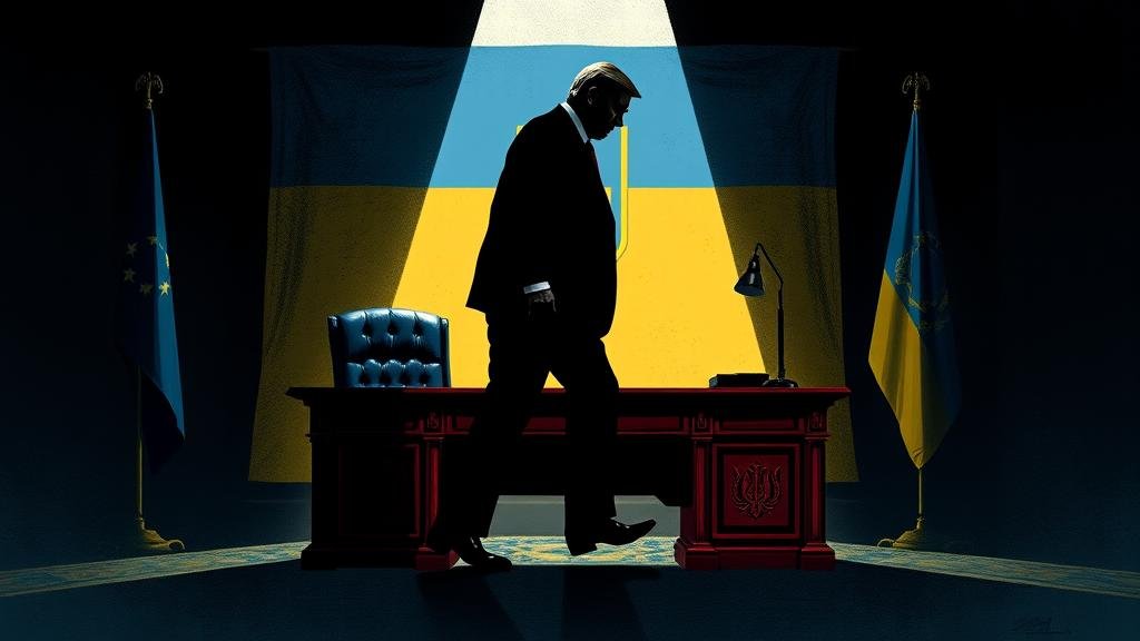A dramatic, shadowy illustration of a political figure stepping away from a presidential desk, with the Ukrainian flag in the background, symbolizing a shocking resignation.