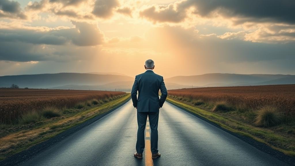 A powerful image of a national leader standing at a fork in the road, with one path leading towards a bright, reformed future and the other shrouded in uncertainty, representing a critical leadership test.