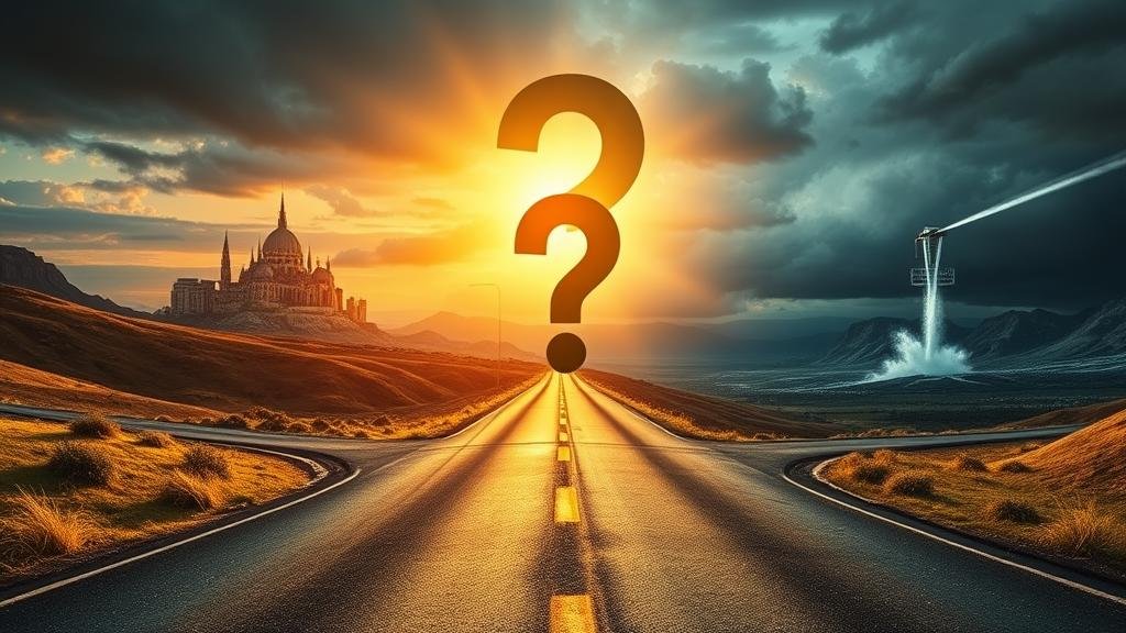 A fork in the road with one path leading to a sunlit city (economic growth) and the other to a stormy landscape (recession), with a large, ominous question mark hovering over the intersection, symbolizing the uncertain path ahead for the economy.