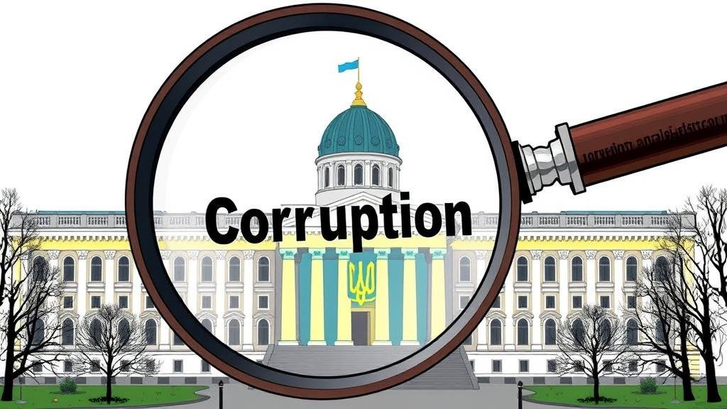 An illustration of a magnifying glass hovering over the Ukrainian parliament building, with the word 'Corruption' subtly visible, representing the ongoing investigation.