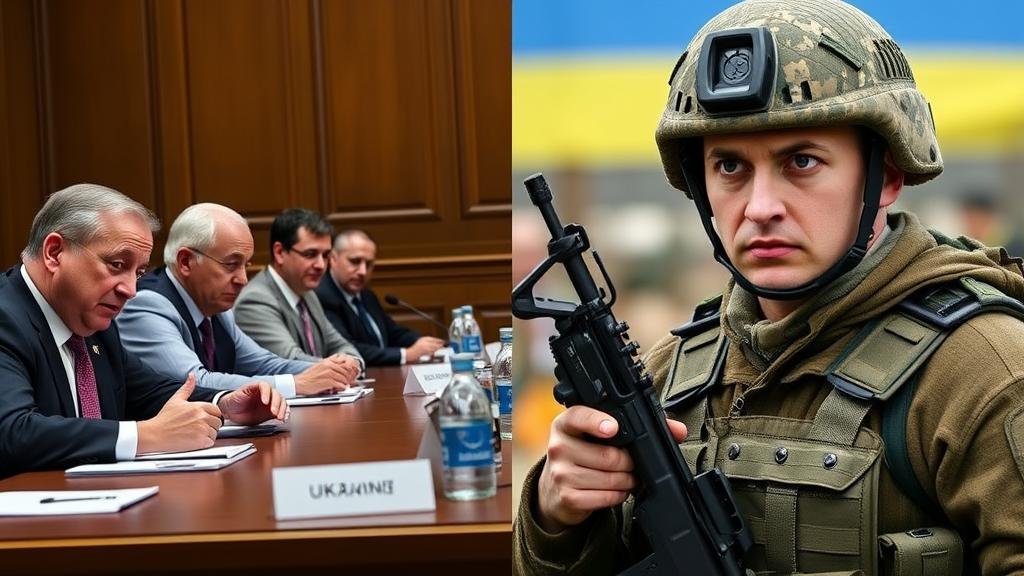 A split-panel image: on one side, worried-looking international leaders at a table; on the other, a Ukrainian soldier looking resolute on the battlefield, symbolizing the dual challenges of diplomacy and war.