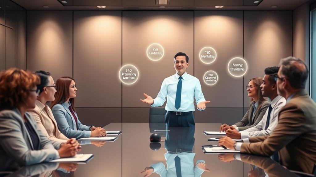 In a modern boardroom, a promotion committee examines a holographic projection of a candidate juggling icons representing leadership, mentorship, and client relationships.