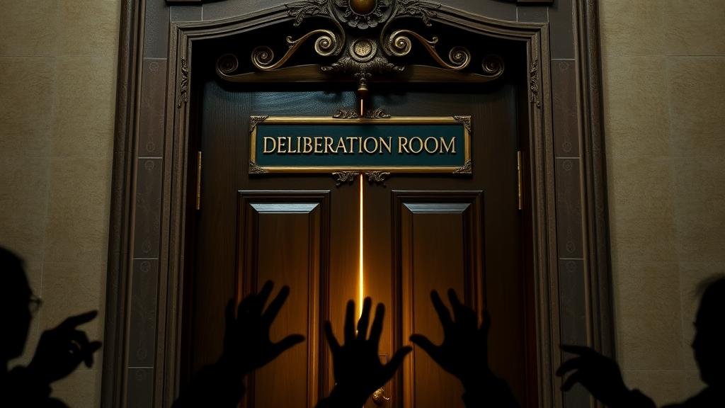 A heavy, ornate door with a sign reading 'Deliberation Room,' with light and shadows of gesturing hands visible from underneath, symbolizing the secret debates within.
