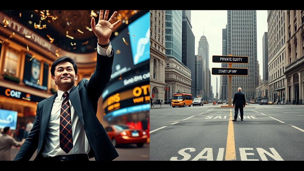A split-screen image showing a triumphant, confetti-showered banker on one side, and the same banker at a career crossroads on the other.