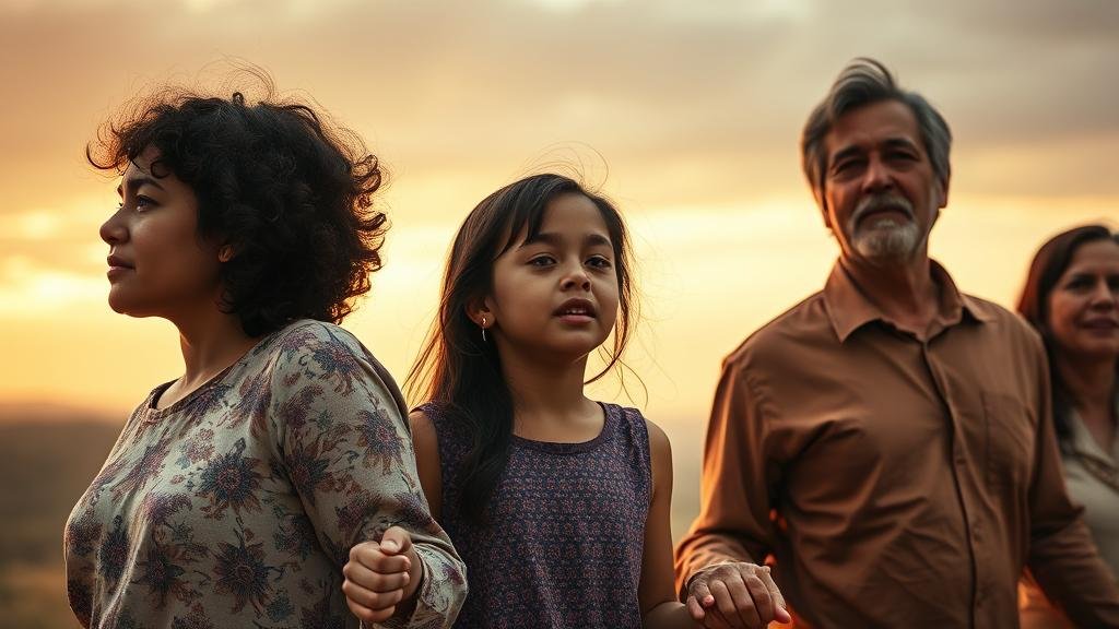 A powerful close-up of a family of different generations holding hands, their faces reflecting a mix of hope and apprehension as they look towards a distant horizon.