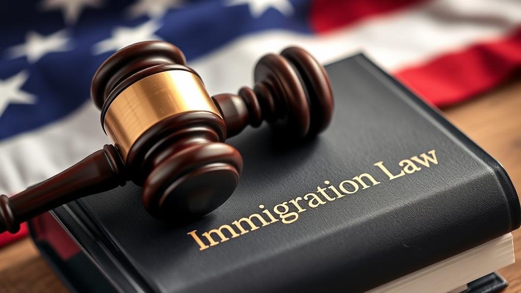 A high-angle shot of a judge's gavel on a law book titled 'Immigration Law,' with a blurred American flag backdrop, symbolizing the weight of the new executive order.