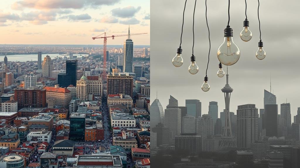 A split image showing a vibrant city on one side and a desaturated city with light bulbs floating away on the other, illustrating 'brain drain'.