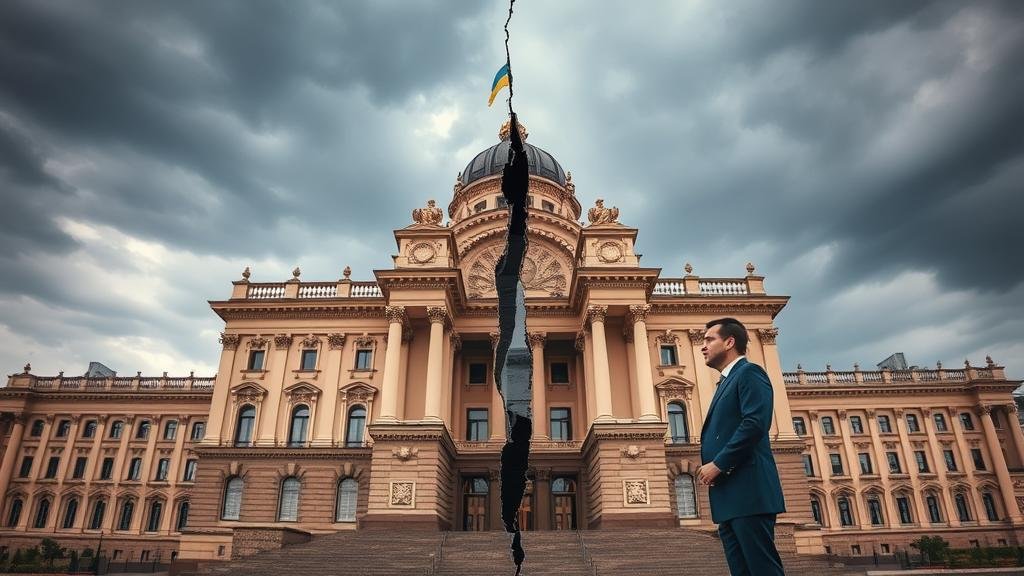 A split image showing Andriy Yermak's transition from an entertainment lawyer on a film set to a powerful political figure in a formal government office in Kyiv next to President Zelenskyy.