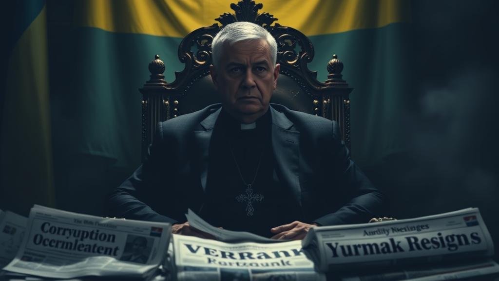 A dramatic, shadowy image of Andriy Yermak as a 'gray cardinal' behind a throne with scattered newspapers in the foreground reading 'Corruption Scandal' and 'Yermak Resigns'.