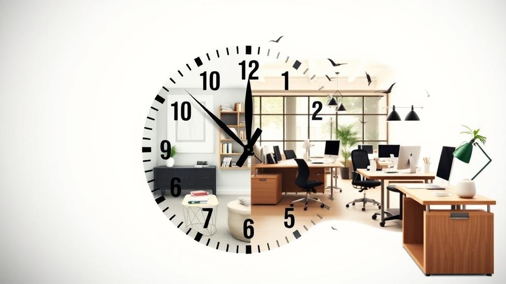 An illustration of a happy and relaxed employee enjoying a better work-life balance, with a visual representation of a shortened or eliminated commute and more time for personal activities and family.