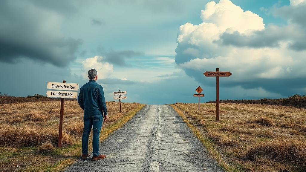 An image of a person at a crossroads looking at a map labeled 'AI Investment Strategy.' The path is marked with signposts like 'Diversification,' 'Long-Term Game,' and 'Fundamentals,' while storm clouds labeled 'Interest Rates' and 'Geopolitics' loom in the distance, illustrating the opportunities and risks for investors.