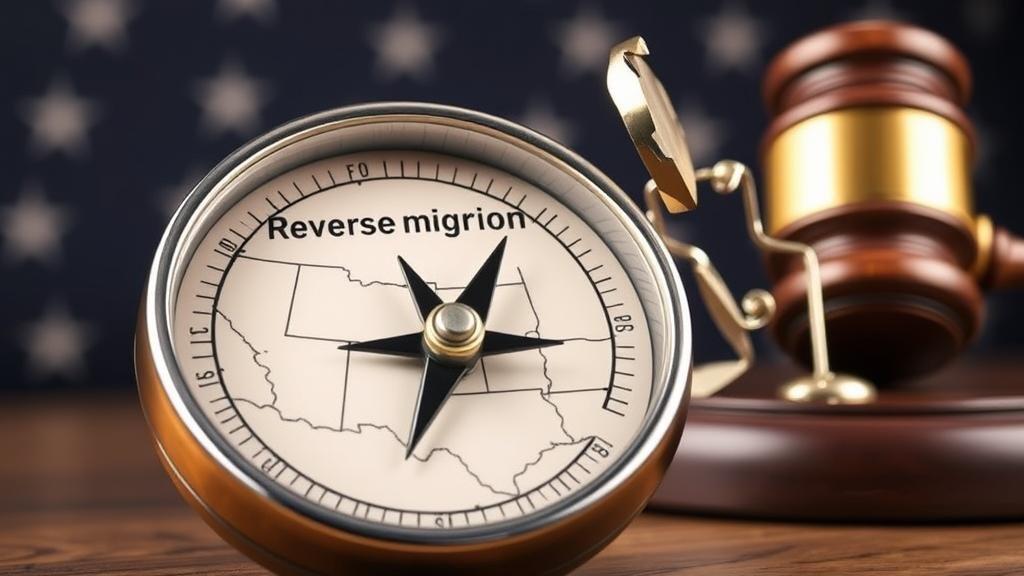 A compass needle points away from a map of the United States under the label 'Reverse Migration,' with a shattering gavel in the background representing legal challenges to the policy.