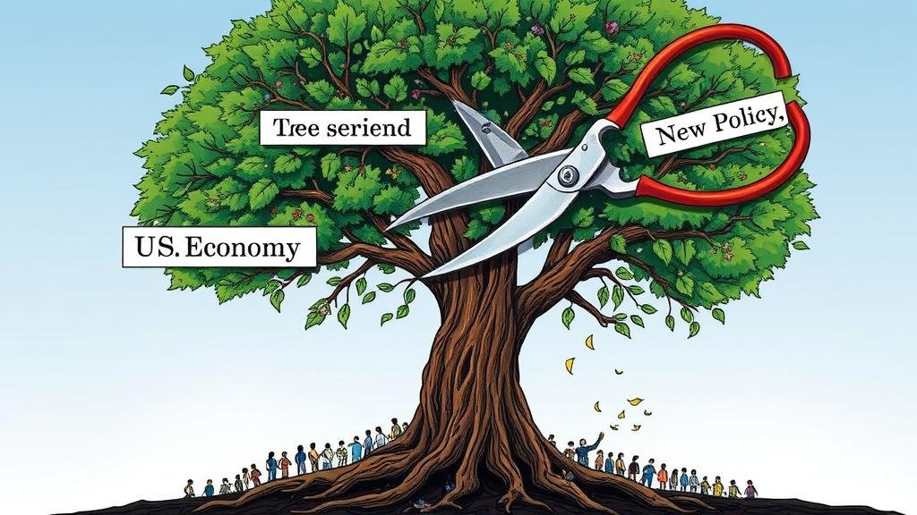 A vibrant tree labeled 'U.S. Economy' with diverse roots is being threatened by large shears labeled 'New Policy,' causing its leaves to wilt and symbolizing potential economic damage.