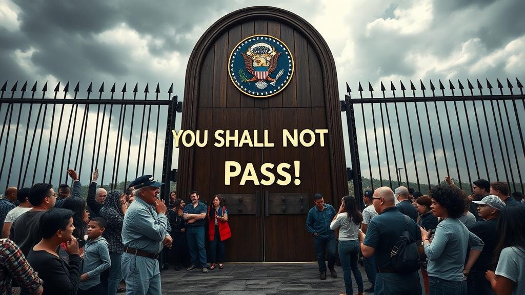 A large, imposing door adorned with the US seal slams shut on a diverse group of people, with the words 'You Shall Not Pass!' written across it under a stormy sky, symbolizing a new border control policy.