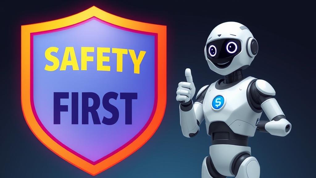 A friendly robot moderator with a 'Safety First' shield, giving a thumbs-up.