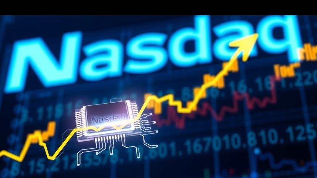 A visual representation of the Nasdaq stock market surging upwards, with a glowing microchip at the forefront, symbolizing the chip giant's electrifying earnings report and its positive impact on the tech-heavy index.