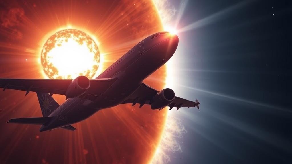 A dramatic image of a solar flare erupting from the sun, with cosmic rays targeting an Airbus A320neo at high altitude, symbolizing the solar flare vulnerability.