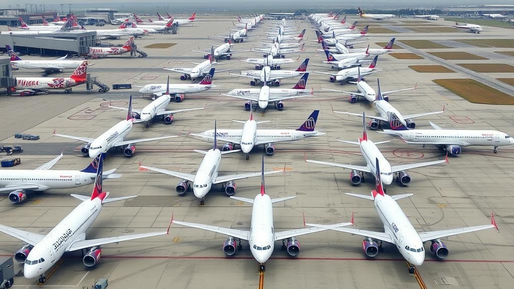 A wide shot of numerous Airbus A320neo family aircraft on an airport tarmac, illustrating the large scale of the 6,000 planes affected by the safety directive.
