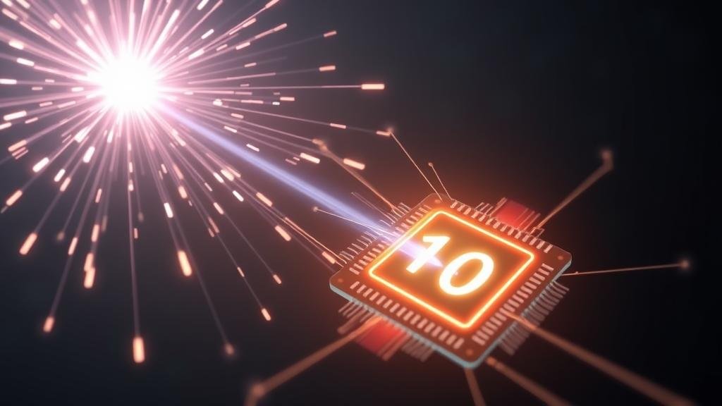 A conceptual illustration of a high-energy particle corrupting an aircraft's microchip, flipping a binary digit from 1 to 0, representing the 'single-event upset' in the flight control system.