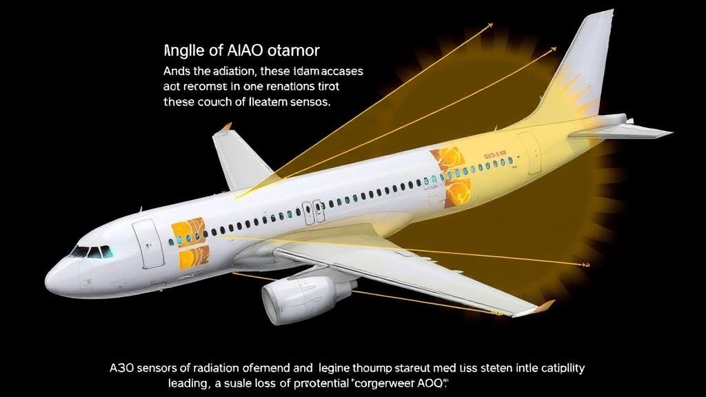 Technical illustration showing Angle of Attack (AOA) sensors on an Airbus A320, with solar radiation corrupting the data stream.
