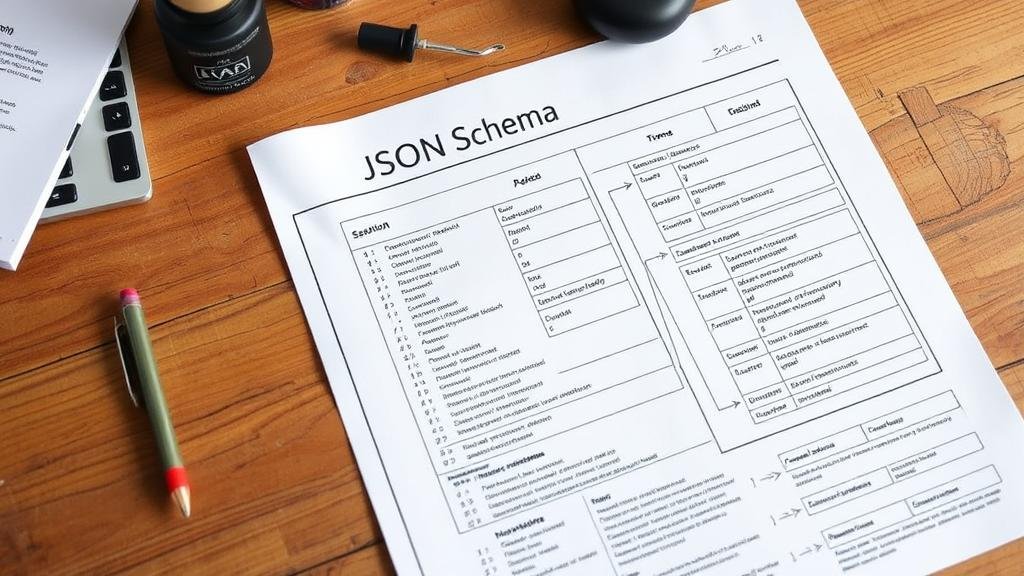 An architect's desk with a detailed blueprint labeled 'JSON Schema' meticulously outlining the structure of a JSON object.